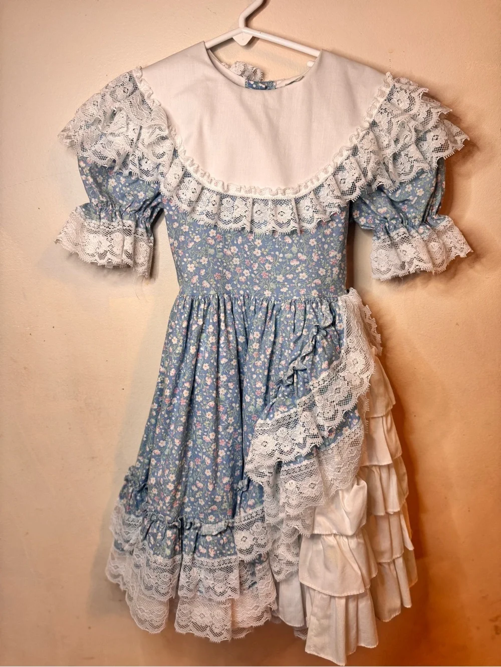Vintage Blue Floral Lace-Trim Girls' Dress